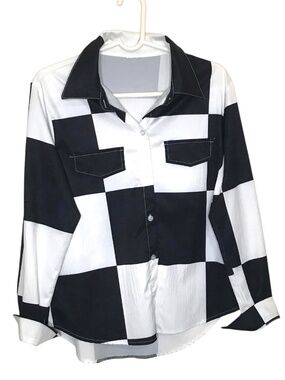 Black White Checkerboard  Blouse Button Up Shirt M/L Chic Modern Top